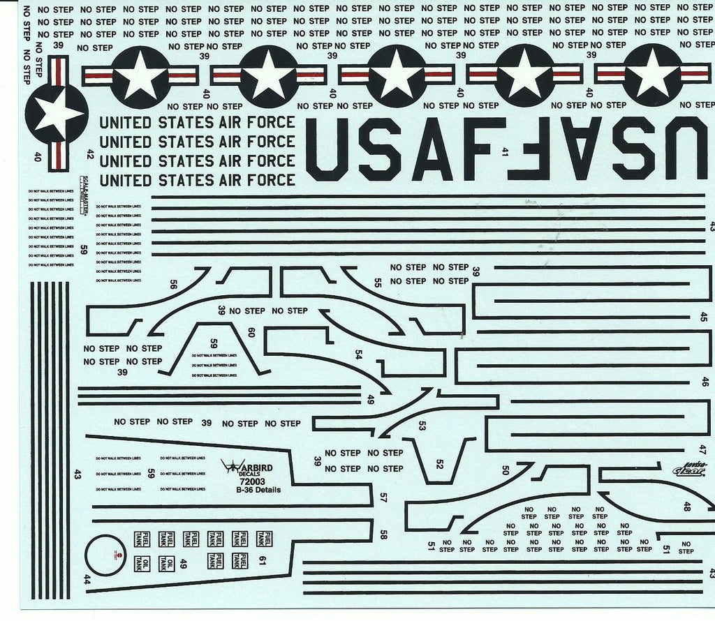 B-36 Peacemaker Standard Stencil Decals 1/72 WBD 72 003