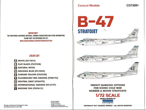 Caracal Models B-47 Stratojet Decals 1/72 091, 20 Marking Options