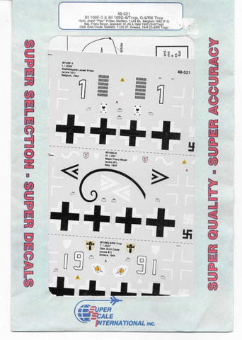 Super Scale Bf-109F-3, Bf-109G-6/ Trop, Bf-109G-6/R6 Trop Decals 1/48 521 'SEALED'