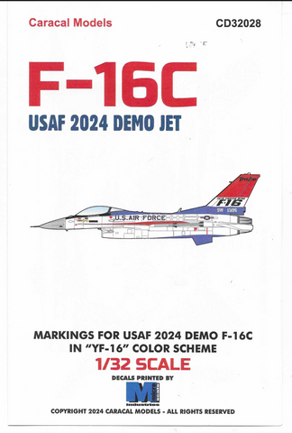 Caracal F-16C USAF 2024 Demo Jet, 'YF-16' Color Scheme Decals in 1/32