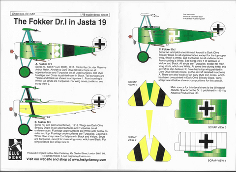 Blue Rider Fokker Dr. I in Jasta 19, Decals in 1/48 512