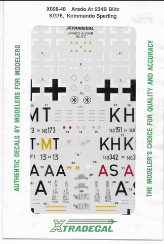 XTRADECAL Arado Ar-234B Blitz KG76, Kommando Sperling Decals 1/48  X008-48