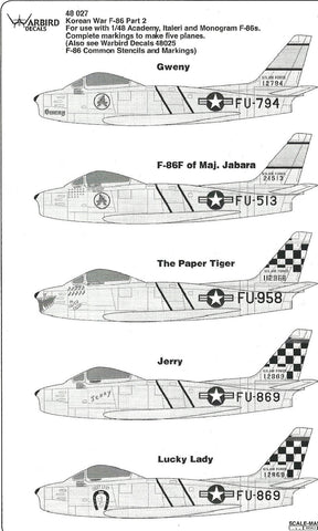 F-86 E, F Sabre Aces, Part II Decals 1/48 Jabara, Paper Tiger, Gweny WBD 48027