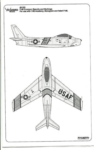 Warbird F-86 E, F Sabre Common Data, Stencil, ID Band Decals 1/48 025