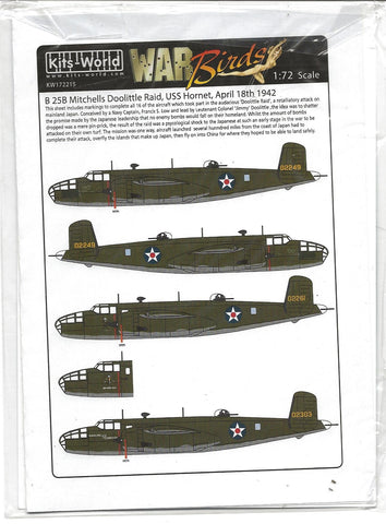 Kits World B-25B Mitchells, Doolittle Raid, USS Hornet, APR 1942 Decals 1/72 215