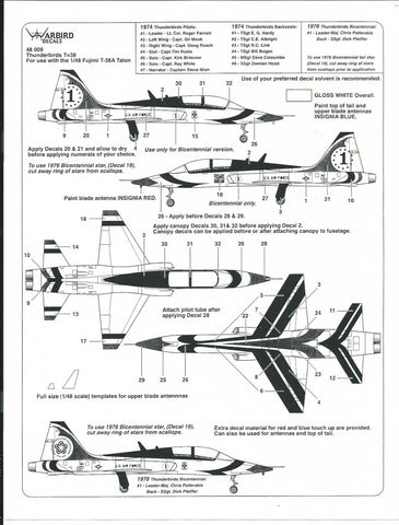 USAF Thunderbirds T-38A Talon Decals 1/48 WBD 009 For the Fujimi Kit