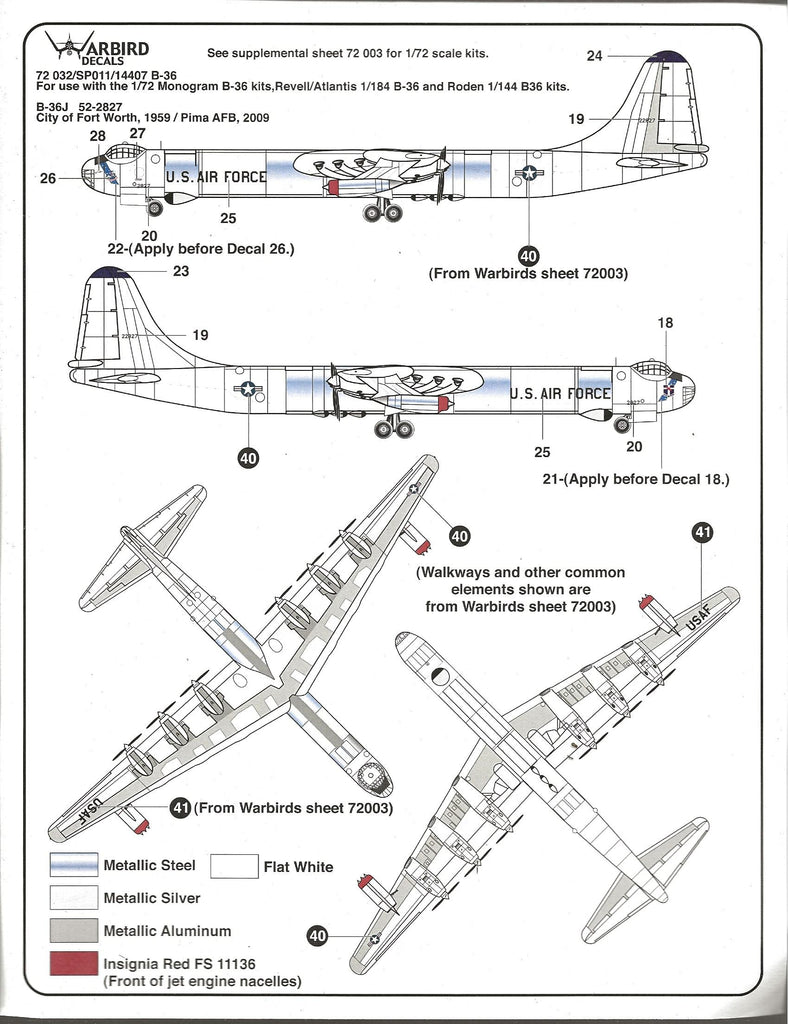 Warbird B-36 Peacemaker Decals 1/144 07 Stencils, Silver Screen SAC Op ...