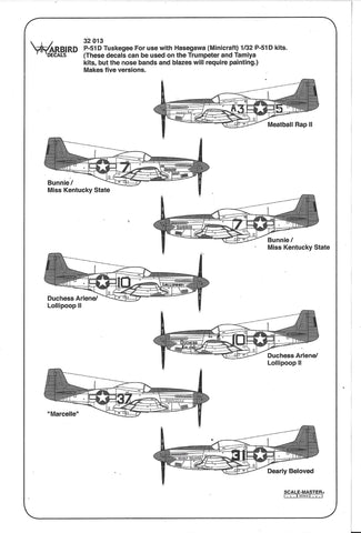 Warbird Tuskegee P-51D Mustang Decals 1/32 013, 332nd FG Part III, 6 Options