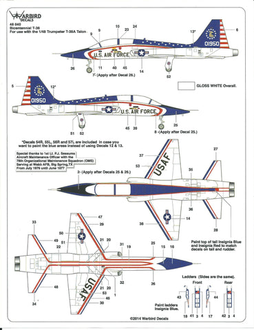 Warbird Bicentennial T-38 Talon Decals 1/48 040 For the Trumpeter Kit