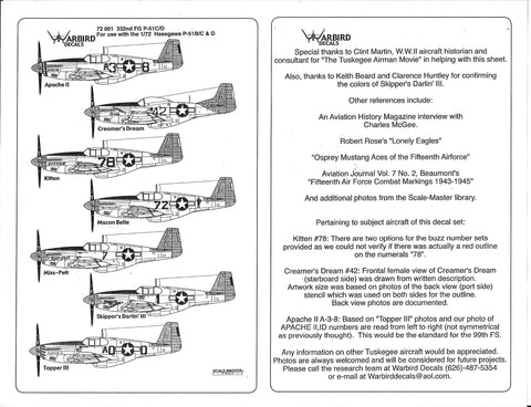 Tuskegee, 332nd FG P-51 B/C/D Mustang Decals 1/72 001, 7 Options