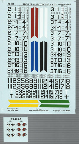Yellow Wings Pre WWII USN TBD-1 Devastator Decals 1/72 002, Lexington, Saratoga