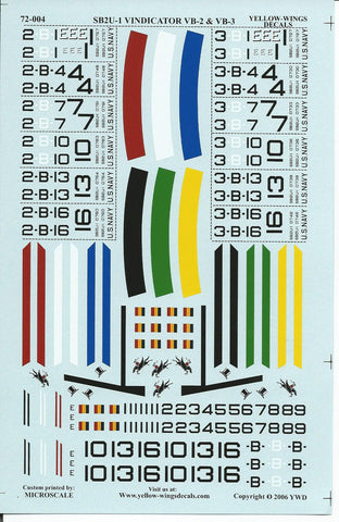 Yellow Wings Pre WWII USN SB2U-1 Vindicator Decals 1/72 004, VB-2 and VB-3